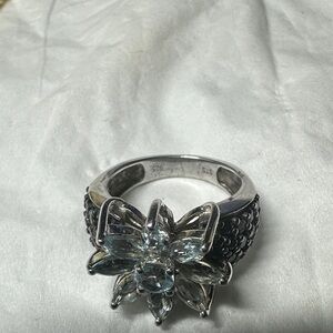 Santa Maria aquamarine/Thai black spinel Daisy floral ring- vintage